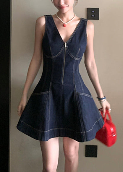Denim Zippered Original Design Neck Mini V Dresses Navy FashionChic