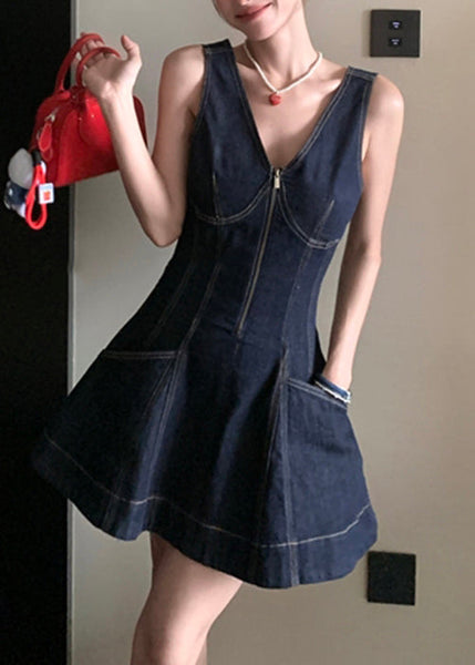 Denim Zippered Original Design Neck Mini V Dresses Navy FashionChic