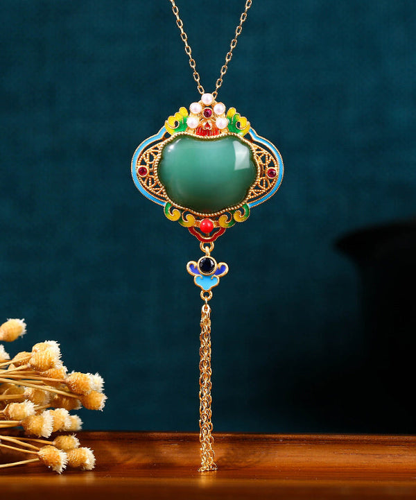 Original Design Rainbow Copper Overgild Jade Pearl Enamel Safety Lock Tassel Pendant Necklace KX1070 Ada Fashion