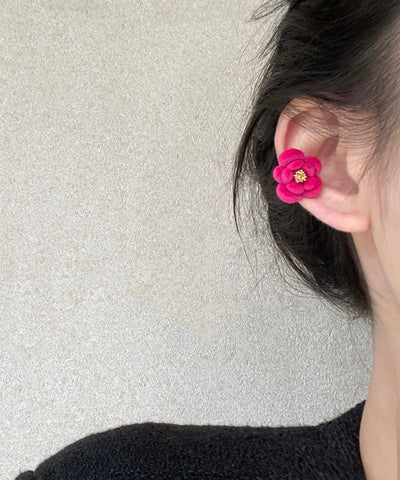 Red Original Alloy Stud Flocking Flower Camellia Earrings Design FashionChic