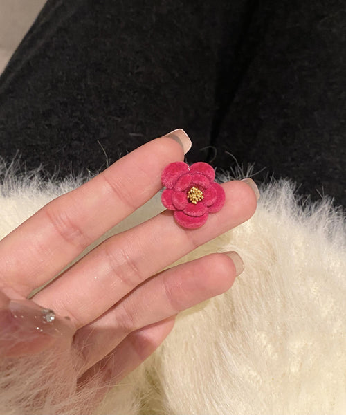 Red Original Alloy Stud Flocking Flower Camellia Earrings Design FashionChic