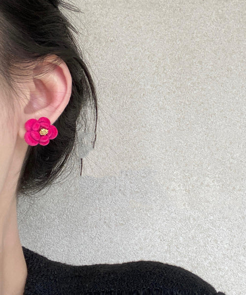 Red Original Alloy Stud Flocking Flower Camellia Earrings Design FashionChic