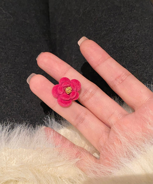 Red Original Alloy Stud Flocking Flower Camellia Earrings Design FashionChic