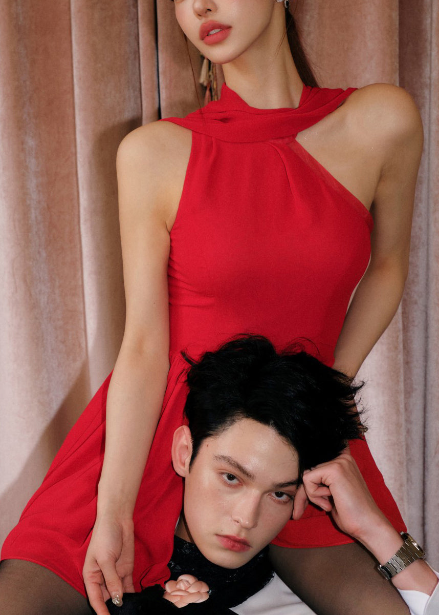 Dress Chiffon Red Wrinkled Design Cold Shoulder Original FashionChic