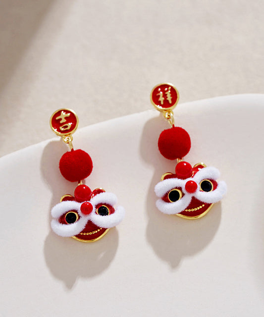 Original Design Red Copper Orange Silk Velvet Lion Dance Drop Earrings TS013