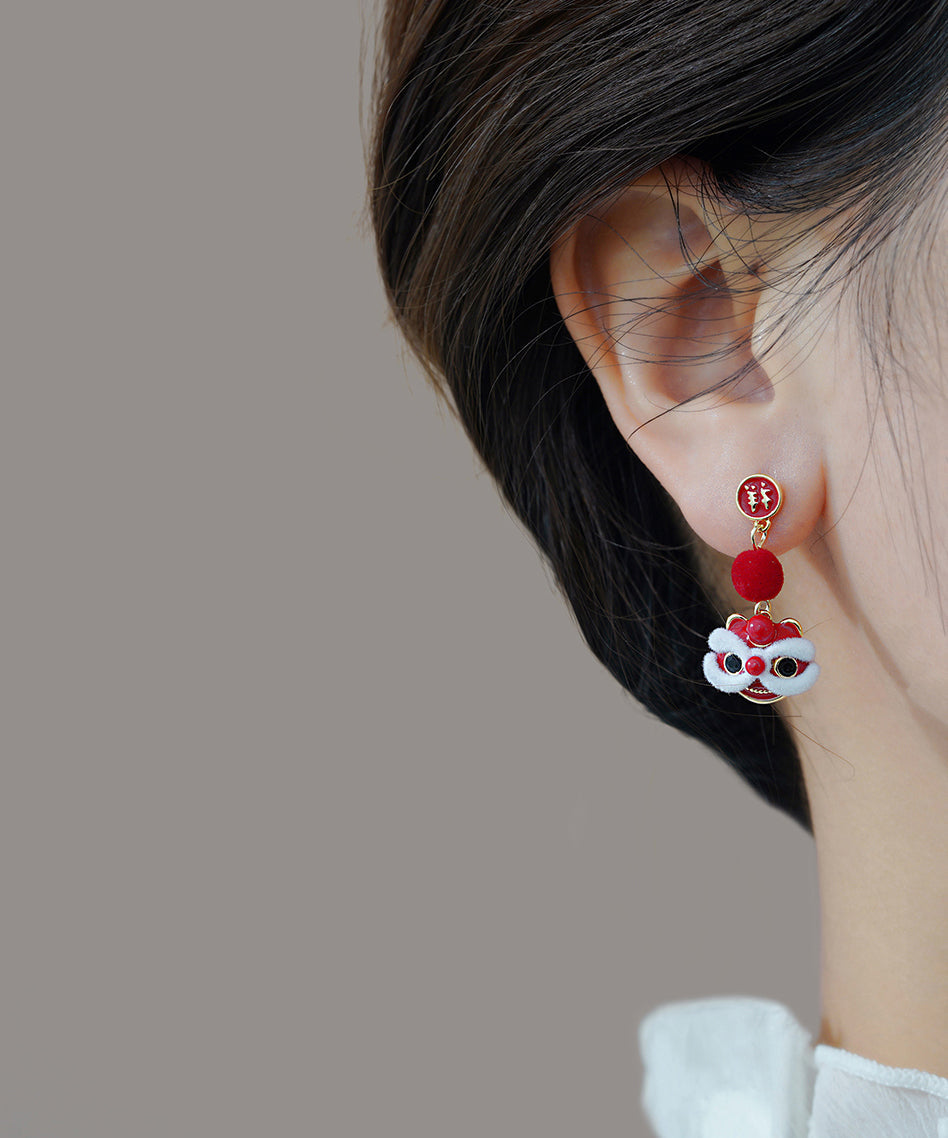 Original Design Red Copper Orange Silk Velvet Lion Dance Drop Earrings TS013