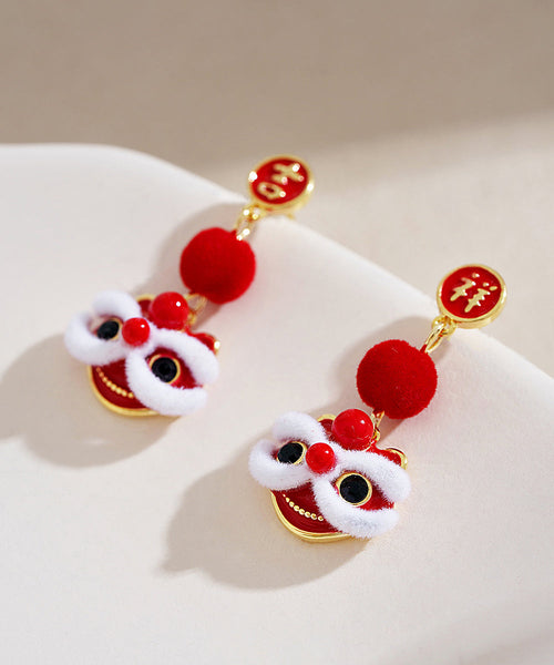 Original Design Red Copper Orange Silk Velvet Lion Dance Drop Earrings TS013