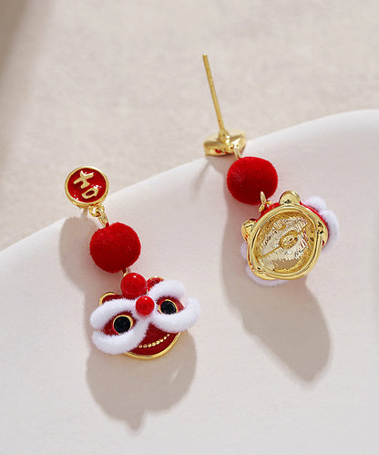 Original Design Red Copper Orange Silk Velvet Lion Dance Drop Earrings TS013