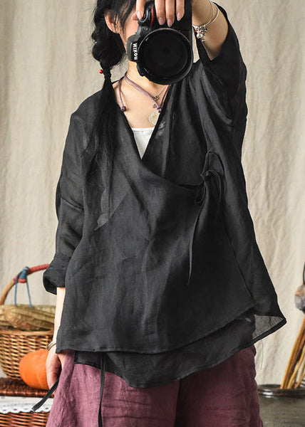 Original Design Red V Neck Lace Up Linen Blouses Summer LK029 GK-LTP240710