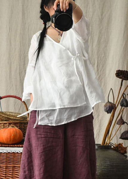 Original Design Red V Neck Lace Up Linen Blouses Summer LK029 GK-LTP240710