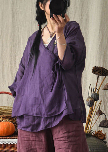 Original Design Red V Neck Lace Up Linen Blouses Summer LK029 GK-LTP240710