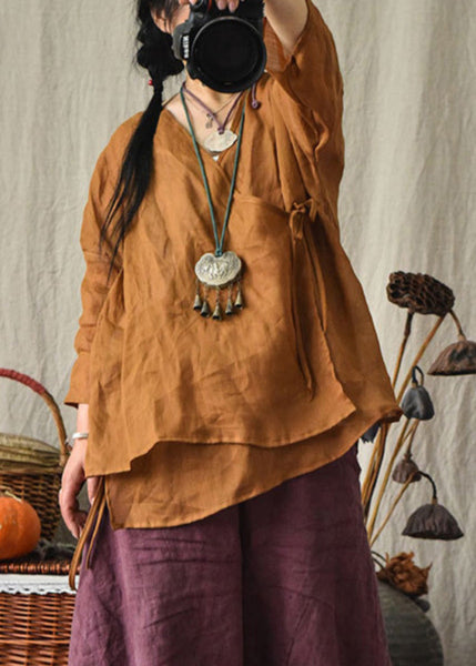 Original Design Red V Neck Lace Up Linen Blouses Summer LK029 GK-LTP240710