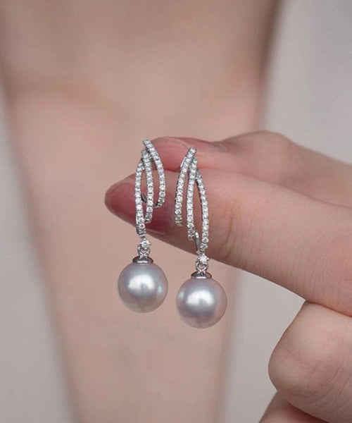 Silk Design Silver Sterling Drop Earrings Pearl Zircon Original FashionChic