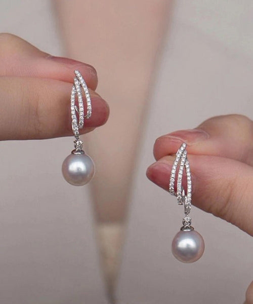 Silk Design Silver Sterling Drop Earrings Pearl Zircon Original FashionChic