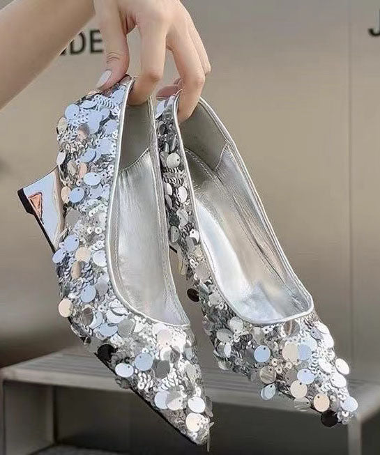 Original Design Silver Sequins Wedge Heels Pointed Toe JJ001 Shoe-PG240609