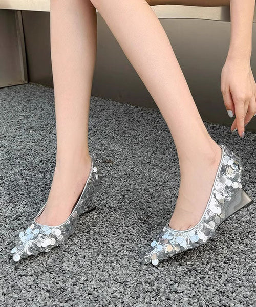 Original Design Silver Sequins Wedge Heels Pointed Toe JJ001 Shoe-PG240609