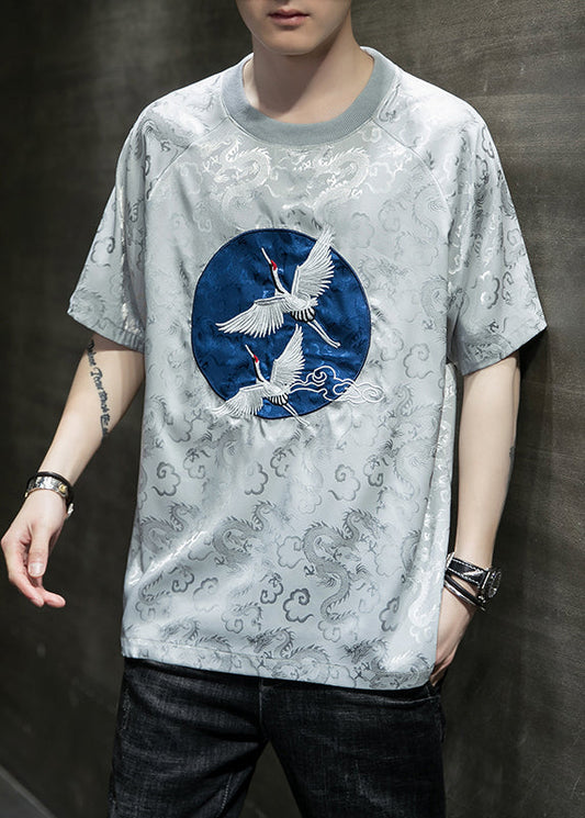 Original Design Silvery O-Neck Embroideried Ice Silk Mens T Shirts Summer HG001 Men-Silk-MENT240725