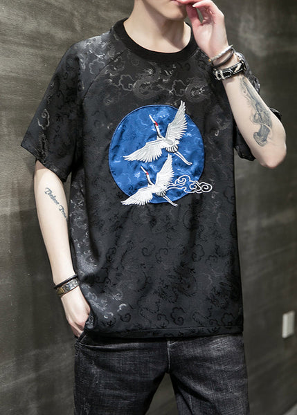 Original Design Silvery O-Neck Embroideried Ice Silk Mens T Shirts Summer HG001 Men-Silk-MENT240725