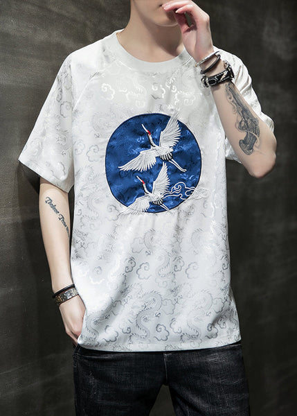 Original Design Silvery O-Neck Embroideried Ice Silk Mens T Shirts Summer HG001 Men-Silk-MENT240725