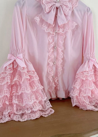 Pink Shirt Design Sleeve Lace Sweet Original Flare Patchwork FashionChic