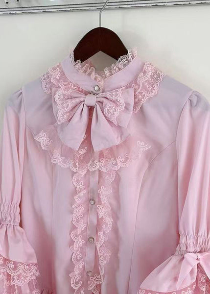 Pink Shirt Design Sleeve Lace Sweet Original Flare Patchwork FashionChic