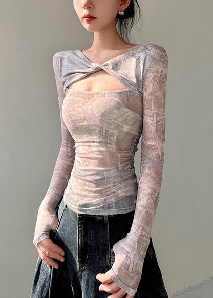 Original Design Twisted Printed Tulle T Shirts Top Autumn AL1062 Genistyle Shop