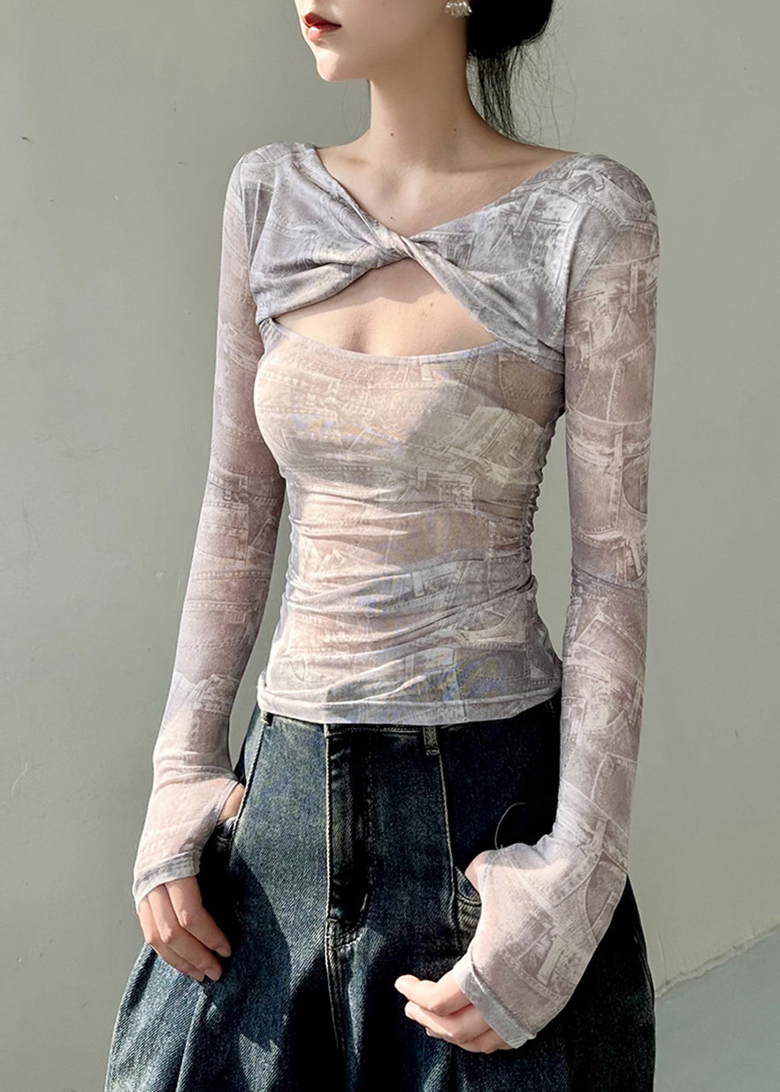 Original Design Twisted Printed Tulle T Shirts Top Autumn AL1062 Genistyle Shop