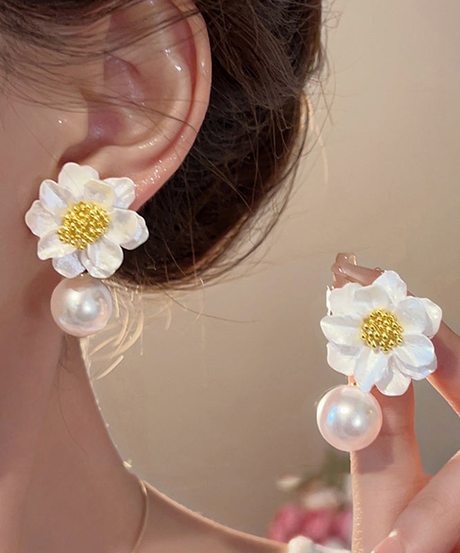 Original Floral Earrings Design Stud Acrylic Alloy White Pearl FashionChic