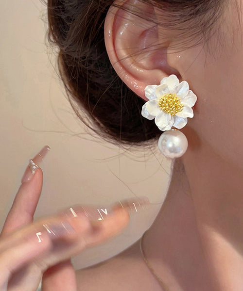 Original Floral Earrings Design Stud Acrylic Alloy White Pearl FashionChic