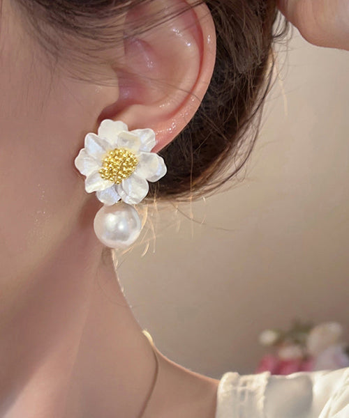 Original Floral Earrings Design Stud Acrylic Alloy White Pearl FashionChic
