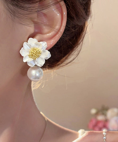 Original Floral Earrings Design Stud Acrylic Alloy White Pearl FashionChic