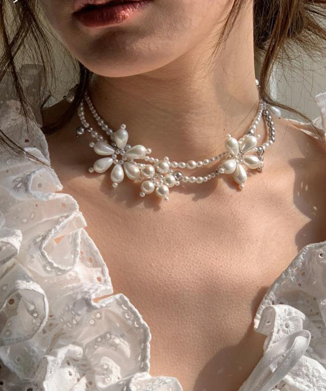 Original Design White Alloy Floral Pearl Beading Pendant Necklace YU022 ABC