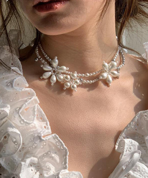 Original Design White Alloy Floral Pearl Beading Pendant Necklace YU022 ABC