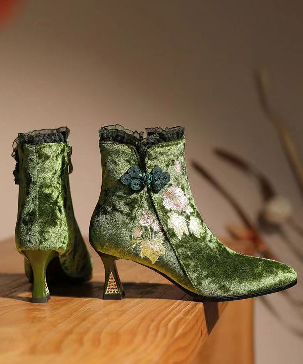 Original Ethnic Style Green Embroidered High Heeled Short Boots CZ1025 Ada Fashion