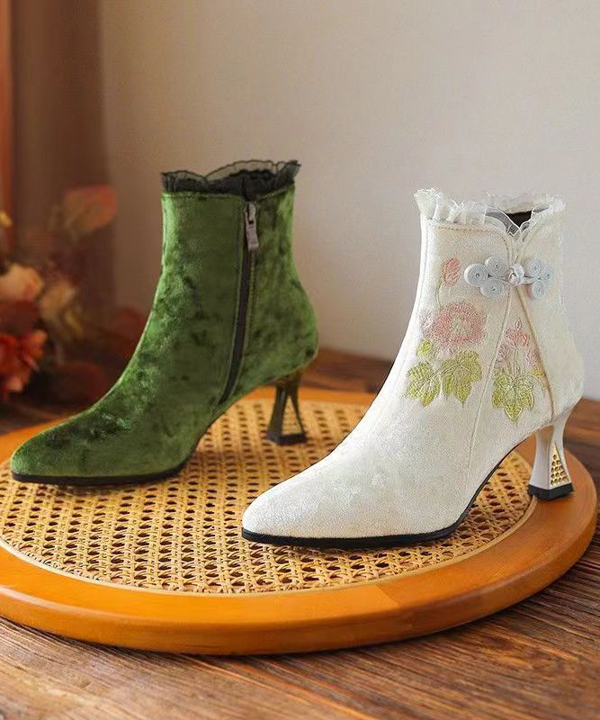 Original Ethnic Style Green Embroidered High Heeled Short Boots CZ1025 Ada Fashion