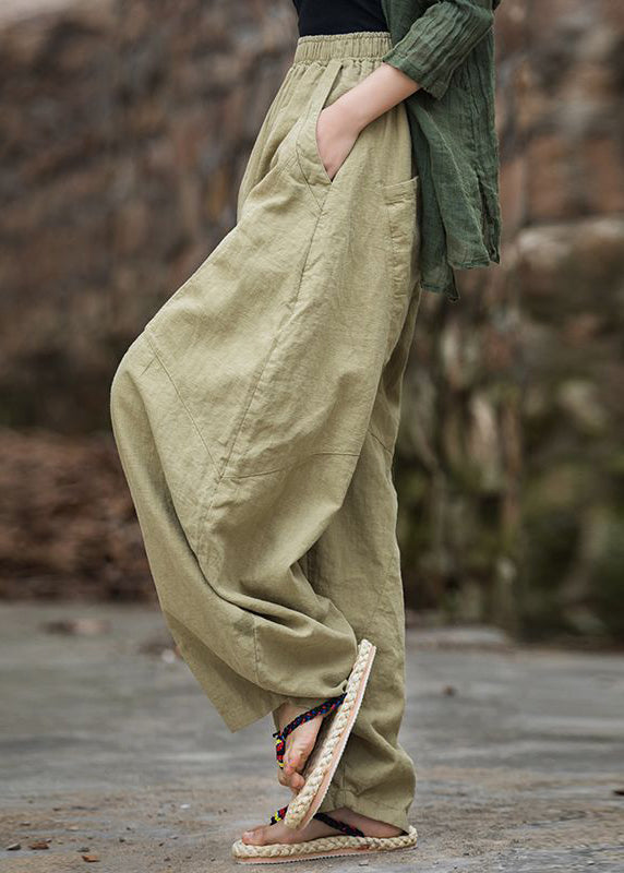 Original Green Pockets Elastic Waist Patchwork Linen Pants Summer LK032 GK-LPTS240710