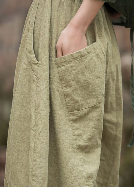 Original Green Pockets Elastic Waist Patchwork Linen Pants Summer LK032 GK-LPTS240710