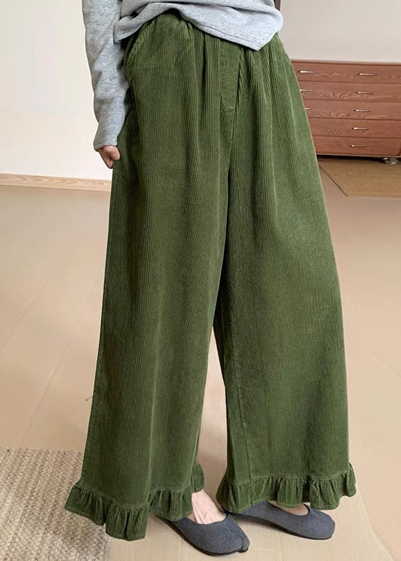 Original Green Ruffled Patchwork Corduroy Wide Leg Pants Winter RF010 ABC