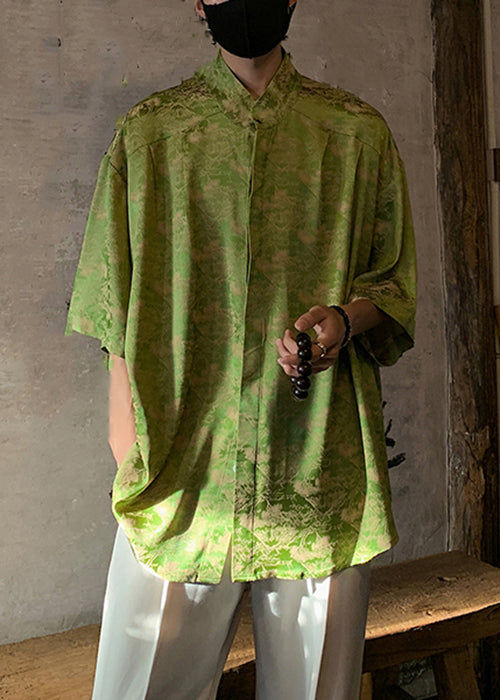 Original Green Stand Collar Print Ice Silk Mens Shirt Summer YT076 Men-Silk-MENSTP240721