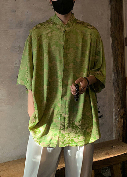 Original Green Stand Collar Print Ice Silk Mens Shirt Summer YT076 Men-Silk-MENSTP240721