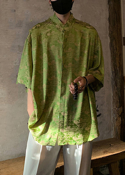 Original Green Stand Collar Print Ice Silk Mens Shirt Summer YT076 Men-Silk-MENSTP240721