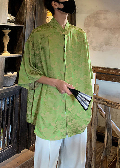 Original Green Stand Collar Print Ice Silk Mens Shirt Summer YT076 Men-Silk-MENSTP240721