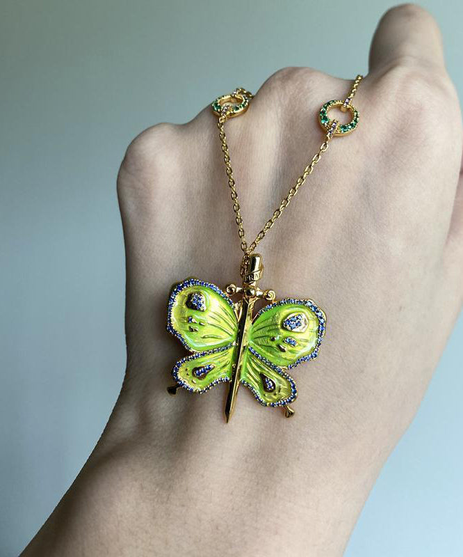 Original Green Sterling Silver Overgild Enamel Butterfly Pendant Necklace QJ004 JEW-NLC241021