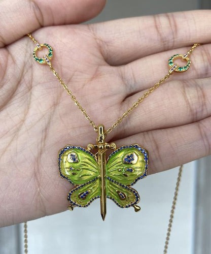 Original Green Sterling Silver Overgild Enamel Butterfly Pendant Necklace QJ004 JEW-NLC241021