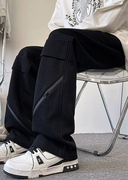 Original Grey Zippered Solid Elastic Waist Cotton Men Pants Fall WA045 MENP241110