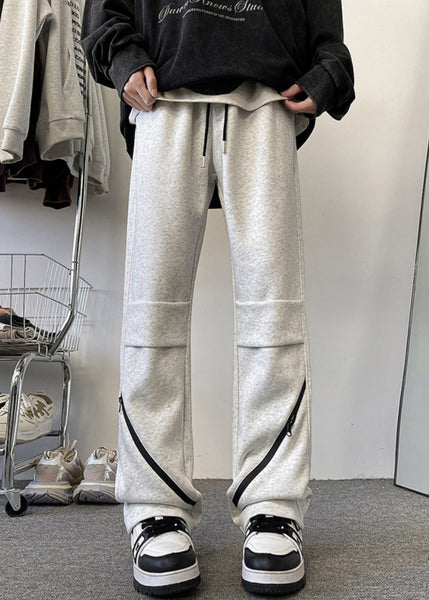 Original Grey Zippered Solid Elastic Waist Cotton Men Pants Fall WA045 MENP241110