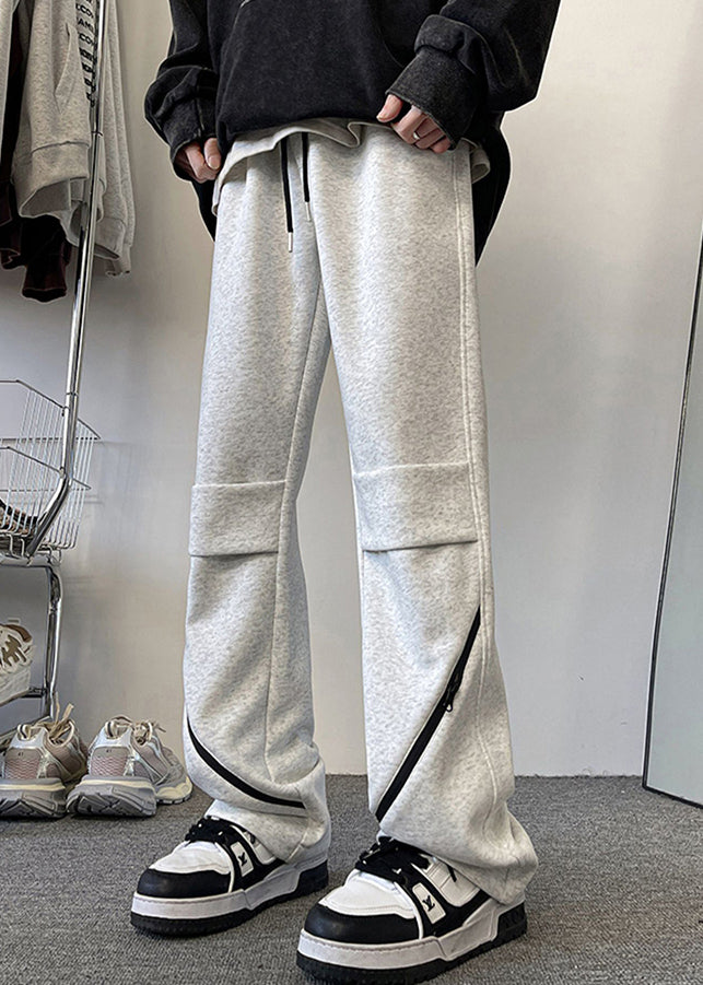 Original Grey Zippered Solid Elastic Waist Cotton Men Pants Fall WA045 MENP241110