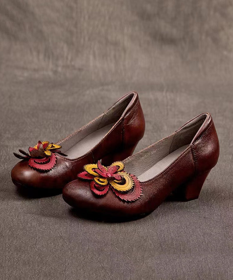 Original Handmade Retro Coffee Floral Chunky Heel CZ1002 Ada Fashion