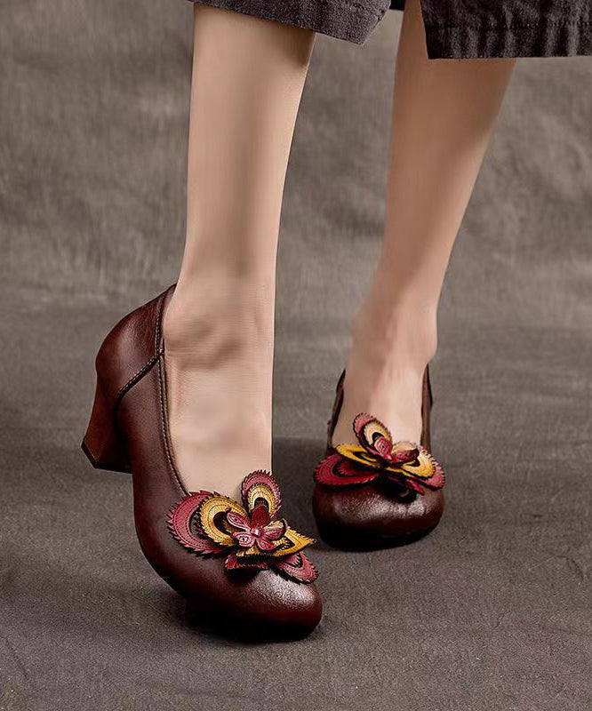 Original Handmade Retro Coffee Floral Chunky Heel CZ1002 Ada Fashion