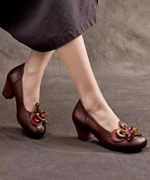 Original Handmade Retro Coffee Floral Chunky Heel CZ1002 Ada Fashion